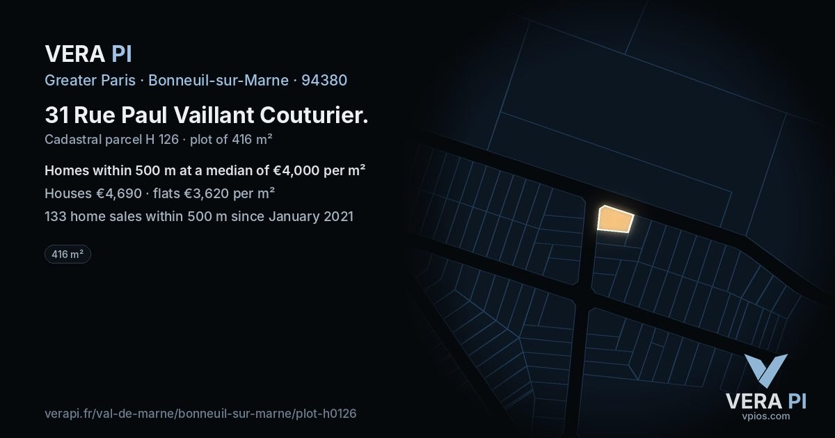 31 Rue Paul Vaillant Couturier, Bonneuil-sur-Marne at night – the plot lit, the parcels around coloured by the prices near them