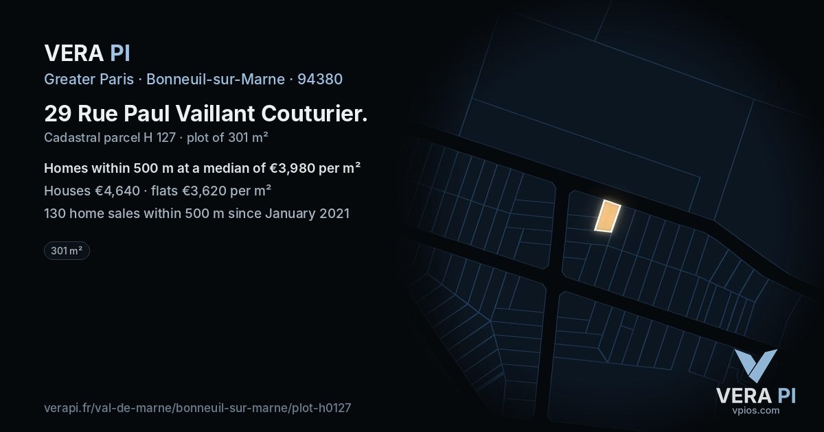 29 Rue Paul Vaillant Couturier, Bonneuil-sur-Marne at night – the plot lit, the parcels around coloured by the prices near them