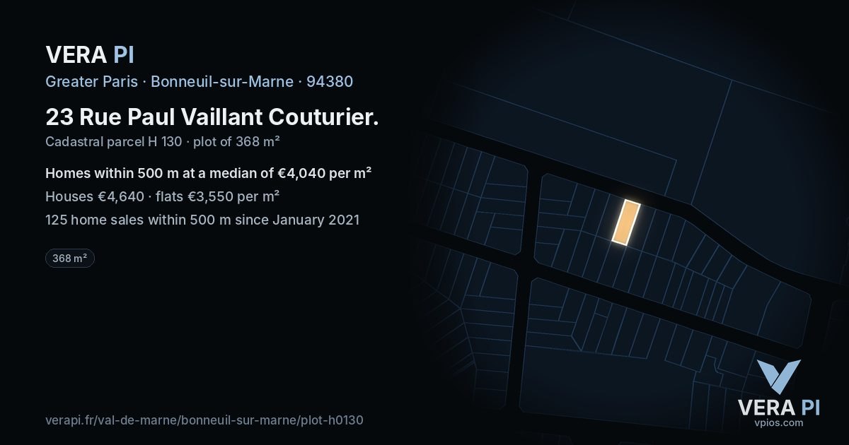 23 Rue Paul Vaillant Couturier, Bonneuil-sur-Marne at night – the plot lit, the parcels around coloured by the prices near them