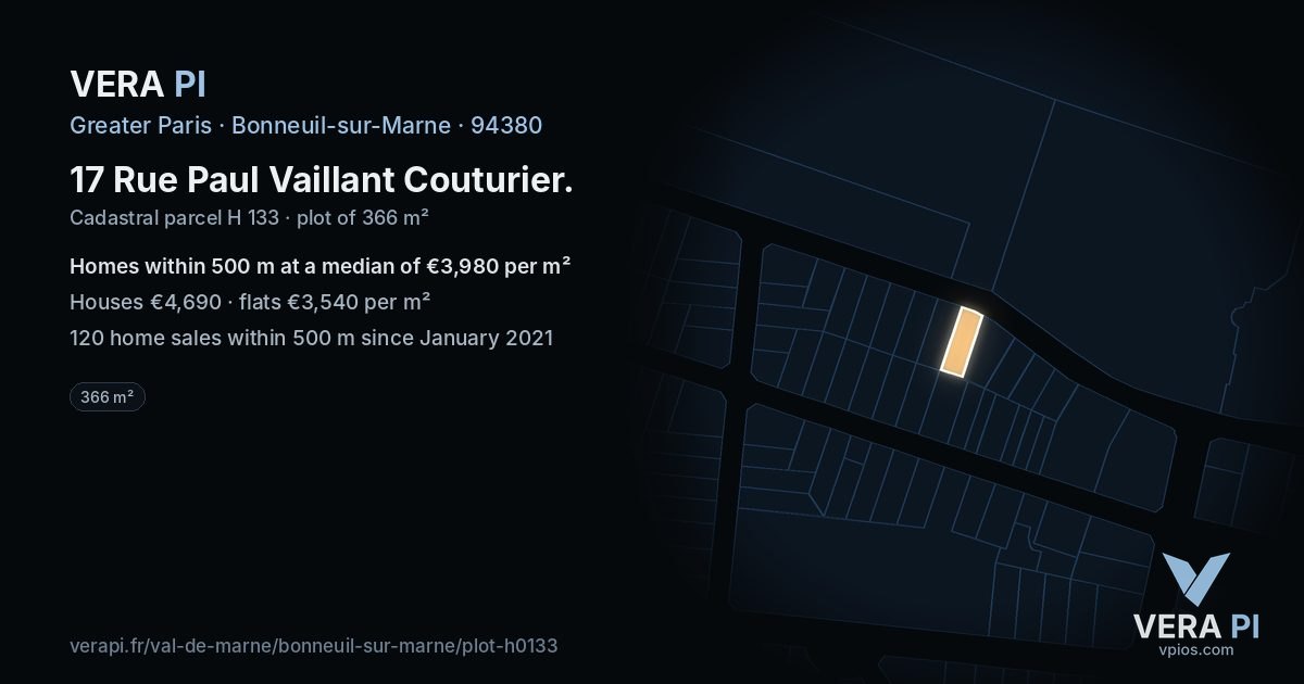 17 Rue Paul Vaillant Couturier, Bonneuil-sur-Marne at night – the plot lit, the parcels around coloured by the prices near them