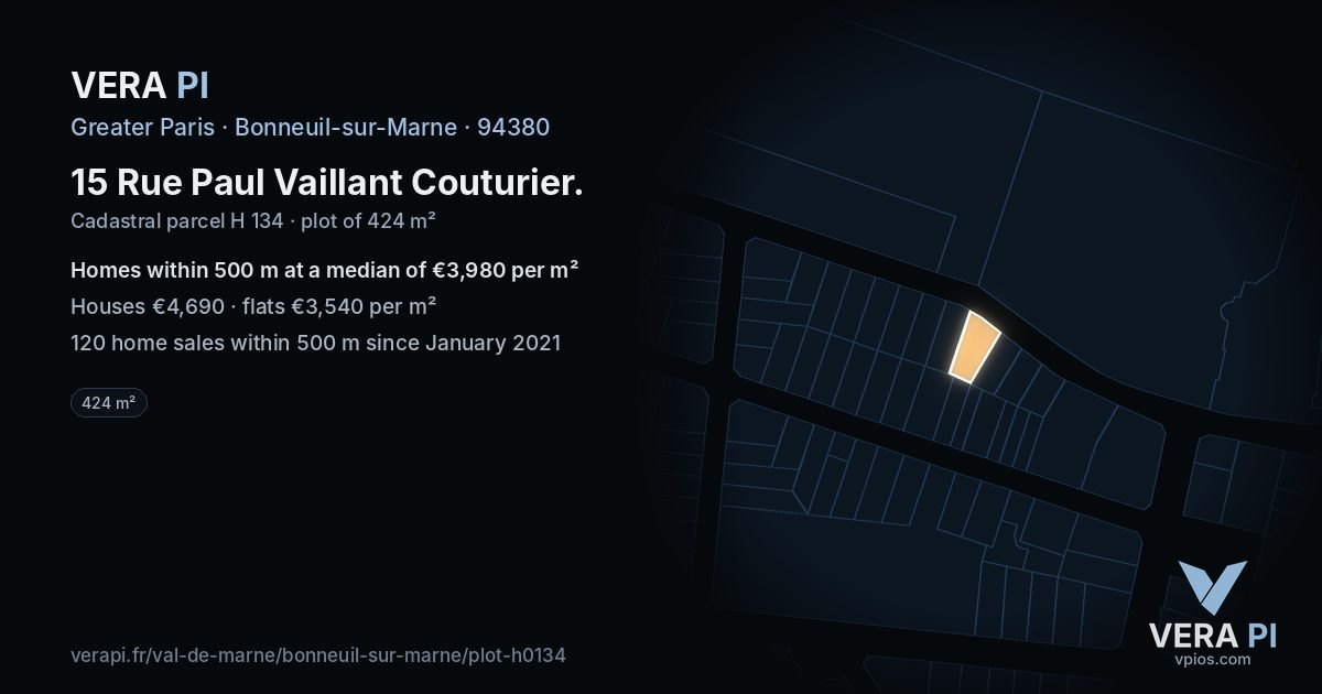 15 Rue Paul Vaillant Couturier, Bonneuil-sur-Marne at night – the plot lit, the parcels around coloured by the prices near them