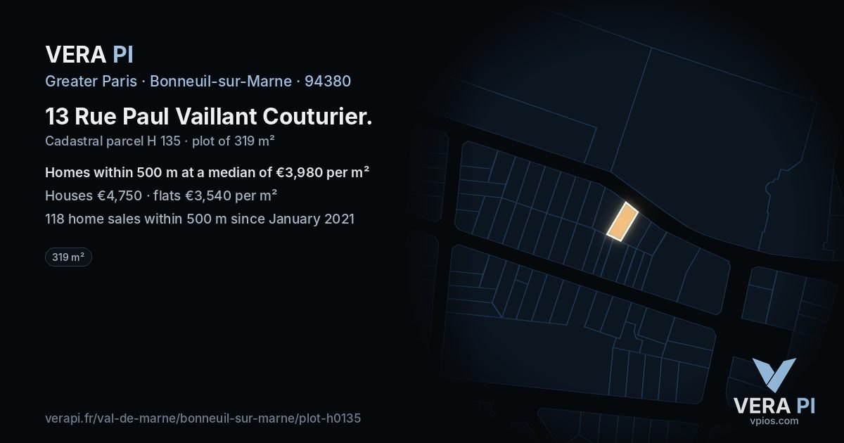 13 Rue Paul Vaillant Couturier, Bonneuil-sur-Marne at night – the plot lit, the parcels around coloured by the prices near them