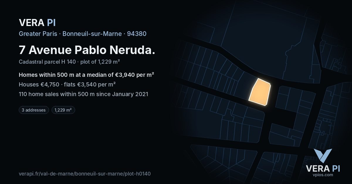 7 Avenue Pablo Neruda, Bonneuil-sur-Marne at night – the plot lit, the parcels around coloured by the prices near them