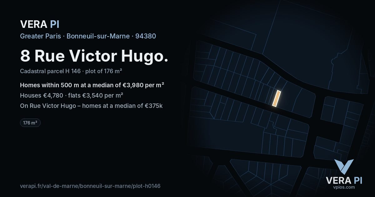 8 Rue Victor Hugo, Bonneuil-sur-Marne at night – the plot lit, the parcels around coloured by the prices near them