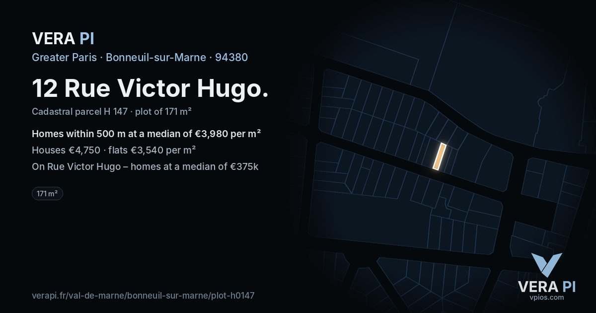 12 Rue Victor Hugo, Bonneuil-sur-Marne at night – the plot lit, the parcels around coloured by the prices near them