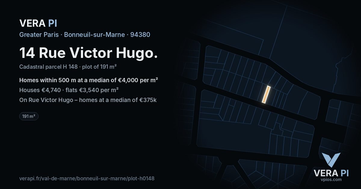 14 Rue Victor Hugo, Bonneuil-sur-Marne at night – the plot lit, the parcels around coloured by the prices near them