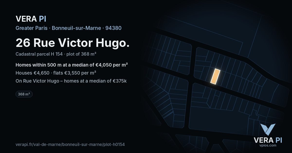 26 Rue Victor Hugo, Bonneuil-sur-Marne at night – the plot lit, the parcels around coloured by the prices near them