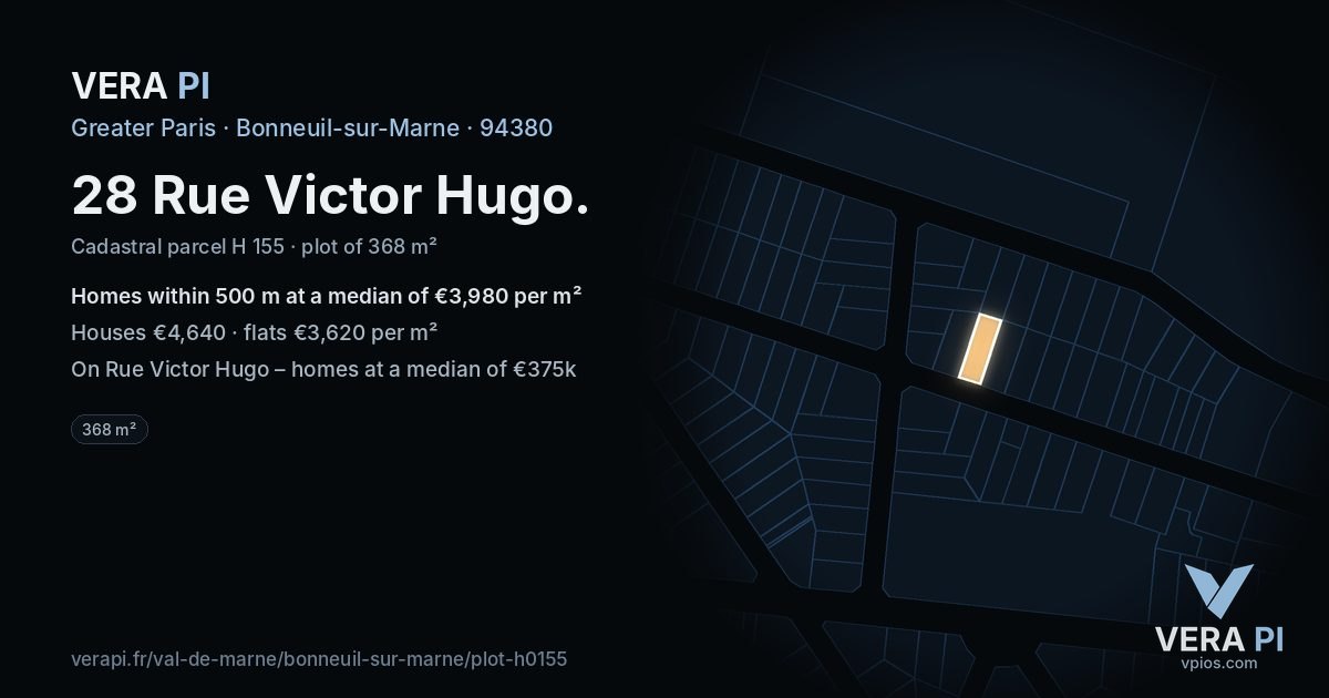 28 Rue Victor Hugo, Bonneuil-sur-Marne at night – the plot lit, the parcels around coloured by the prices near them