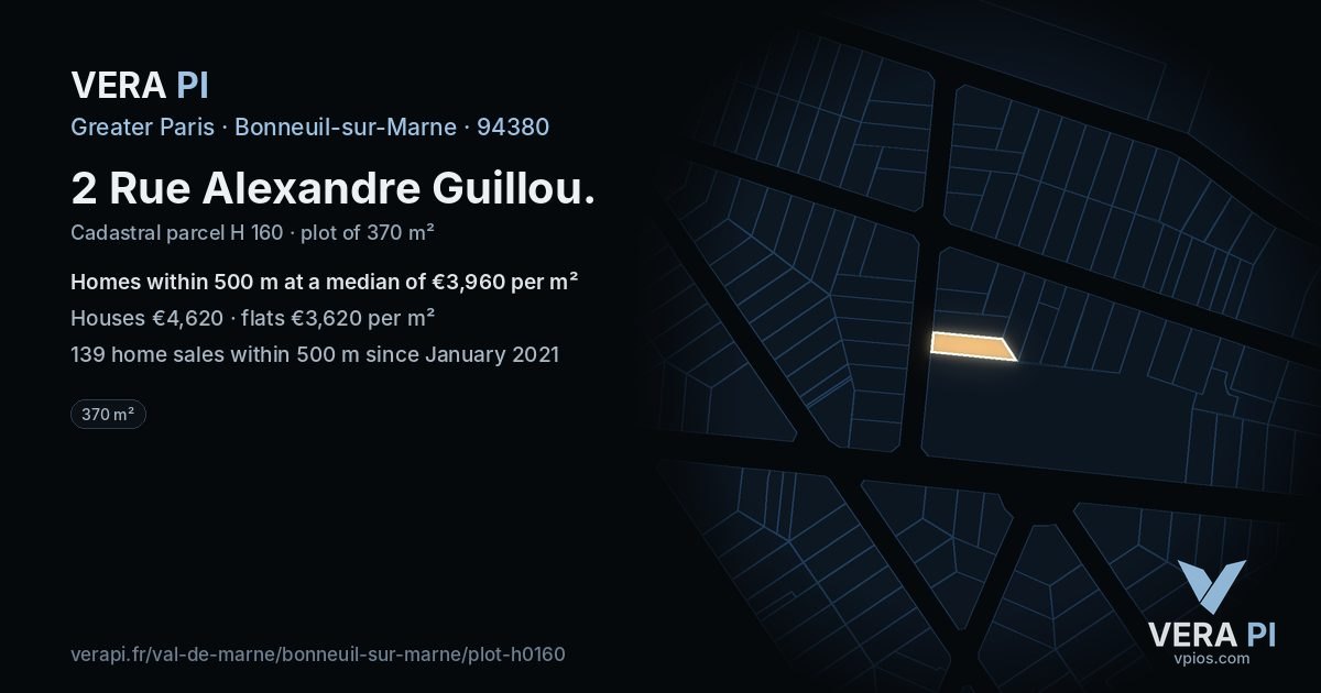 2 Rue Alexandre Guillou, Bonneuil-sur-Marne at night – the plot lit, the parcels around coloured by the prices near them
