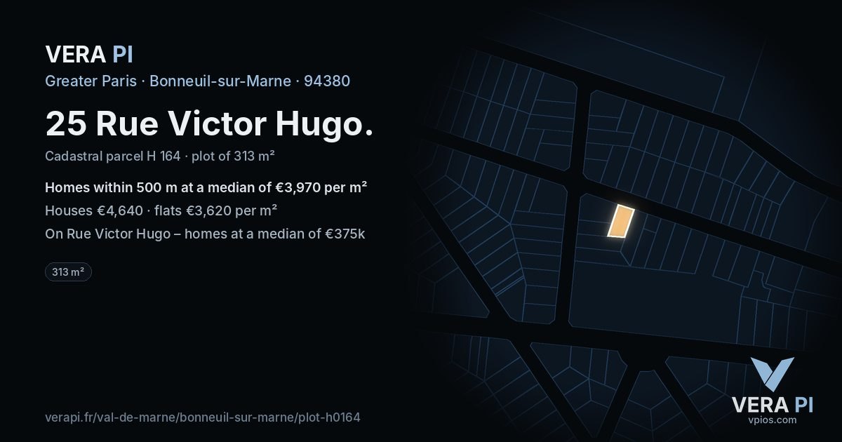 25 Rue Victor Hugo, Bonneuil-sur-Marne at night – the plot lit, the parcels around coloured by the prices near them