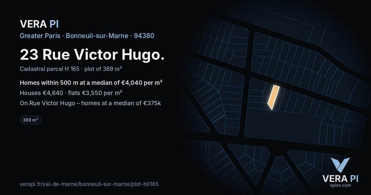 23 Rue Victor Hugo, Bonneuil-sur-Marne at night – the plot lit, the parcels around coloured by the prices near them