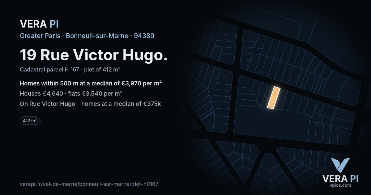 19 Rue Victor Hugo, Bonneuil-sur-Marne at night – the plot lit, the parcels around coloured by the prices near them