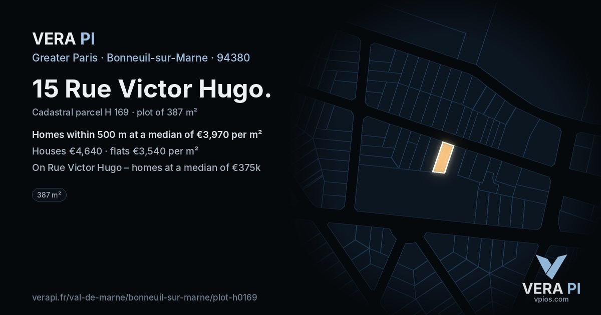 15 Rue Victor Hugo, Bonneuil-sur-Marne at night – the plot lit, the parcels around coloured by the prices near them
