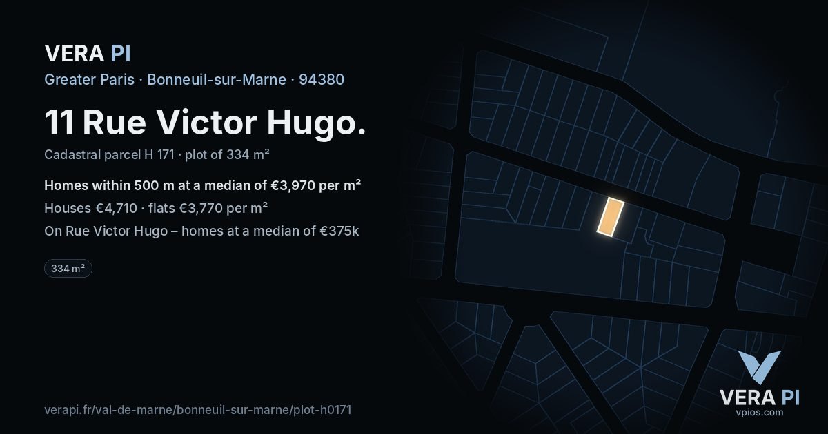 11 Rue Victor Hugo, Bonneuil-sur-Marne at night – the plot lit, the parcels around coloured by the prices near them