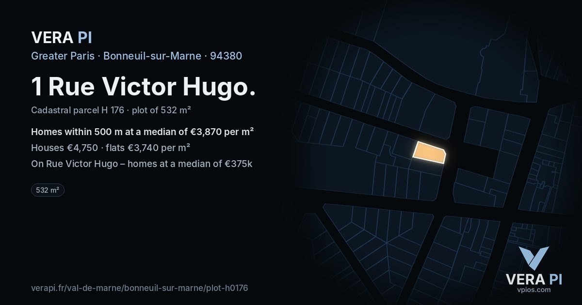 1 Rue Victor Hugo, Bonneuil-sur-Marne at night – the plot lit, the parcels around coloured by the prices near them