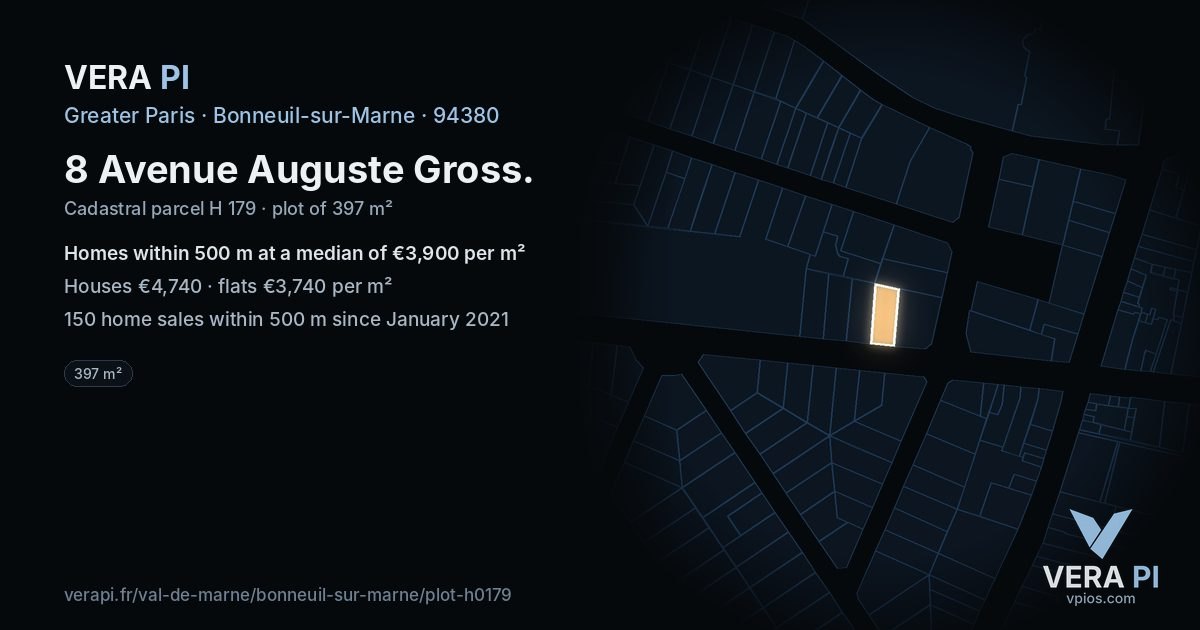 8 Avenue Auguste Gross, Bonneuil-sur-Marne at night – the plot lit, the parcels around coloured by the prices near them