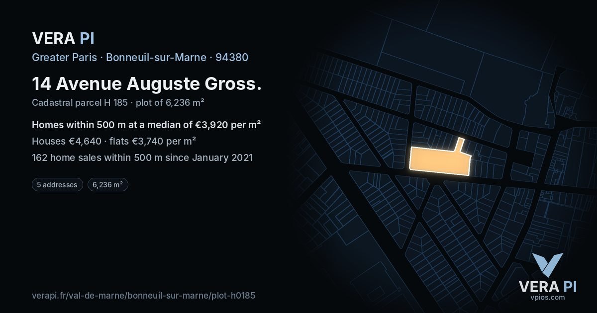 14 Avenue Auguste Gross, Bonneuil-sur-Marne at night – the plot lit, the parcels around coloured by the prices near them
