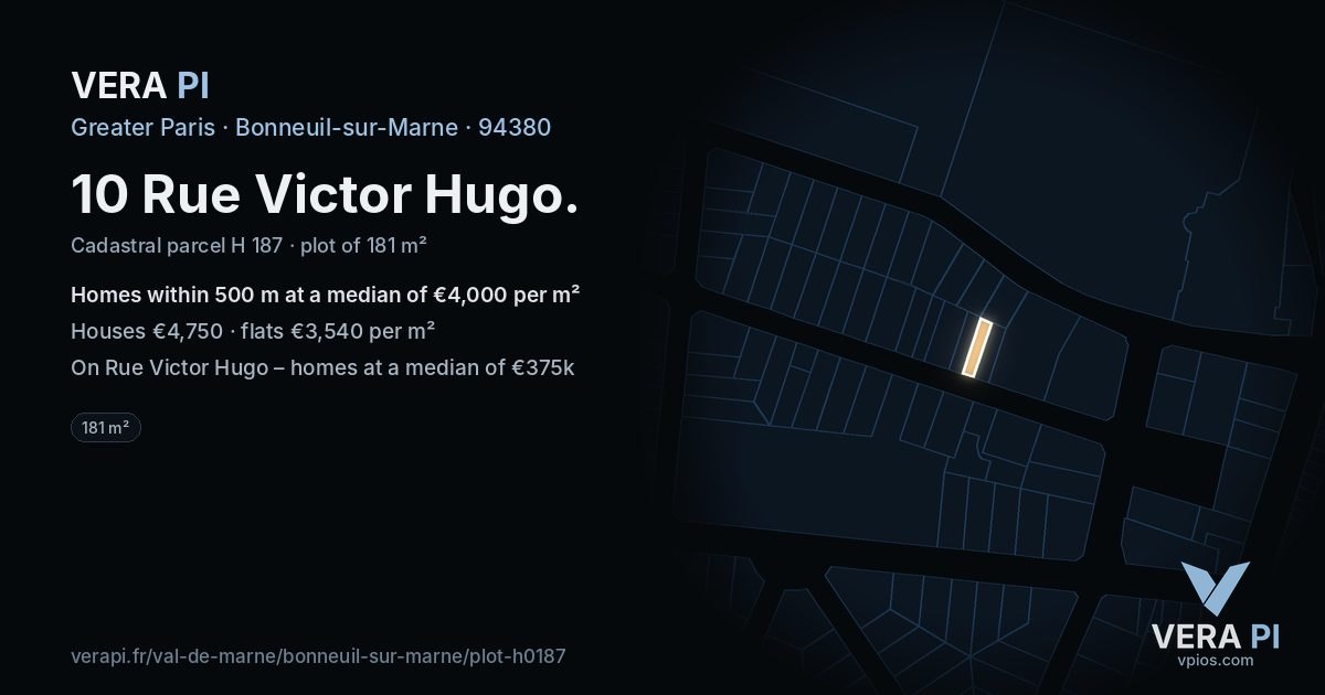 10 Rue Victor Hugo, Bonneuil-sur-Marne at night – the plot lit, the parcels around coloured by the prices near them