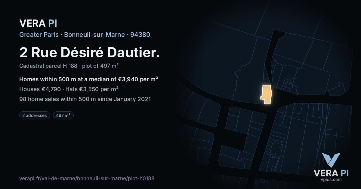 2 Rue Désiré Dautier, Bonneuil-sur-Marne at night – the plot lit, the parcels around coloured by the prices near them