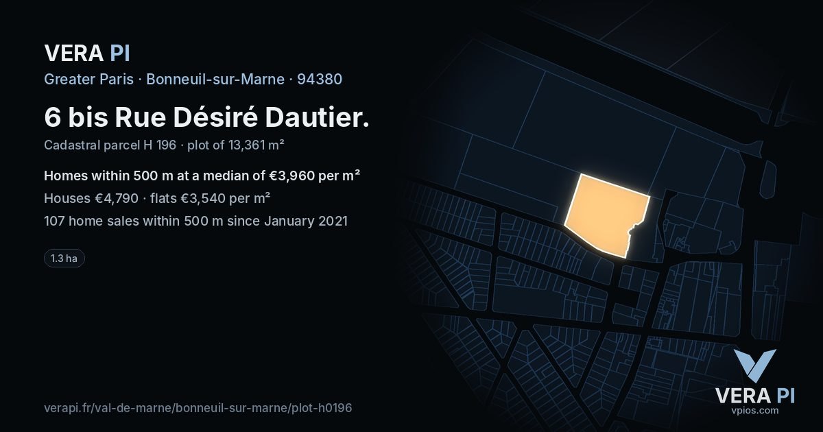 6 bis Rue Désiré Dautier, Bonneuil-sur-Marne at night – the plot lit, the parcels around coloured by the prices near them