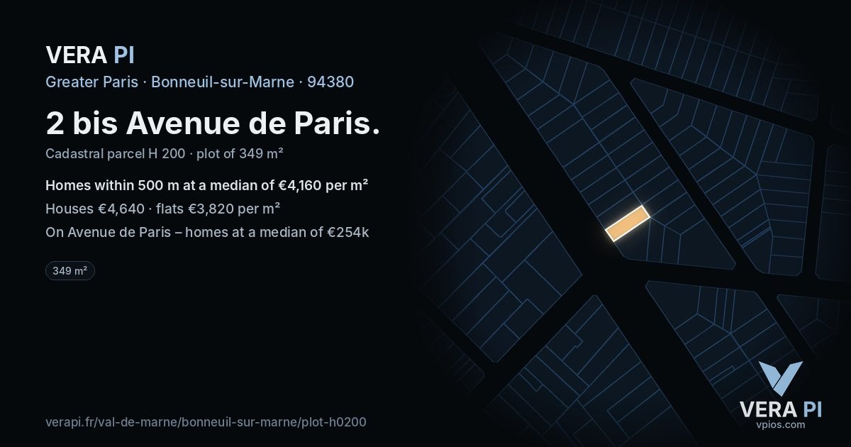 2 bis Avenue de Paris, Bonneuil-sur-Marne at night – the plot lit, the parcels around coloured by the prices near them