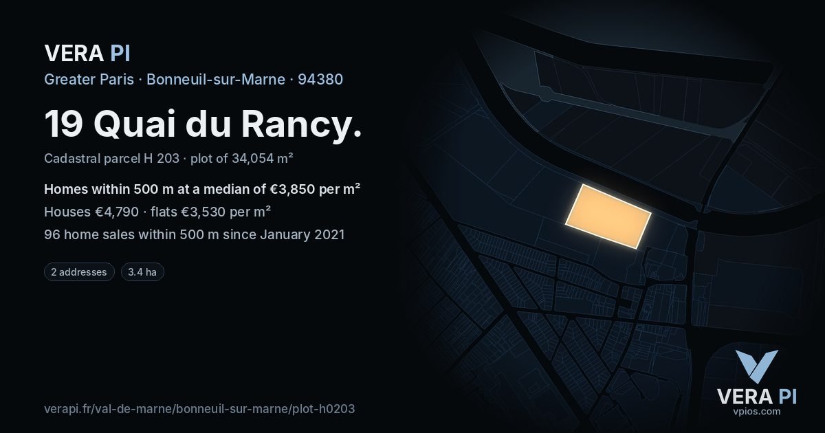 19 Quai du Rancy, Bonneuil-sur-Marne at night – the plot lit, the parcels around coloured by the prices near them