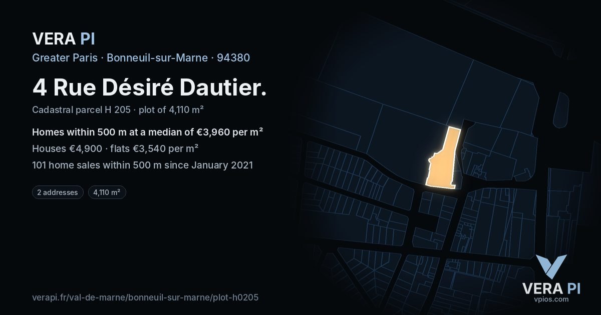 4 Rue Désiré Dautier, Bonneuil-sur-Marne at night – the plot lit, the parcels around coloured by the prices near them