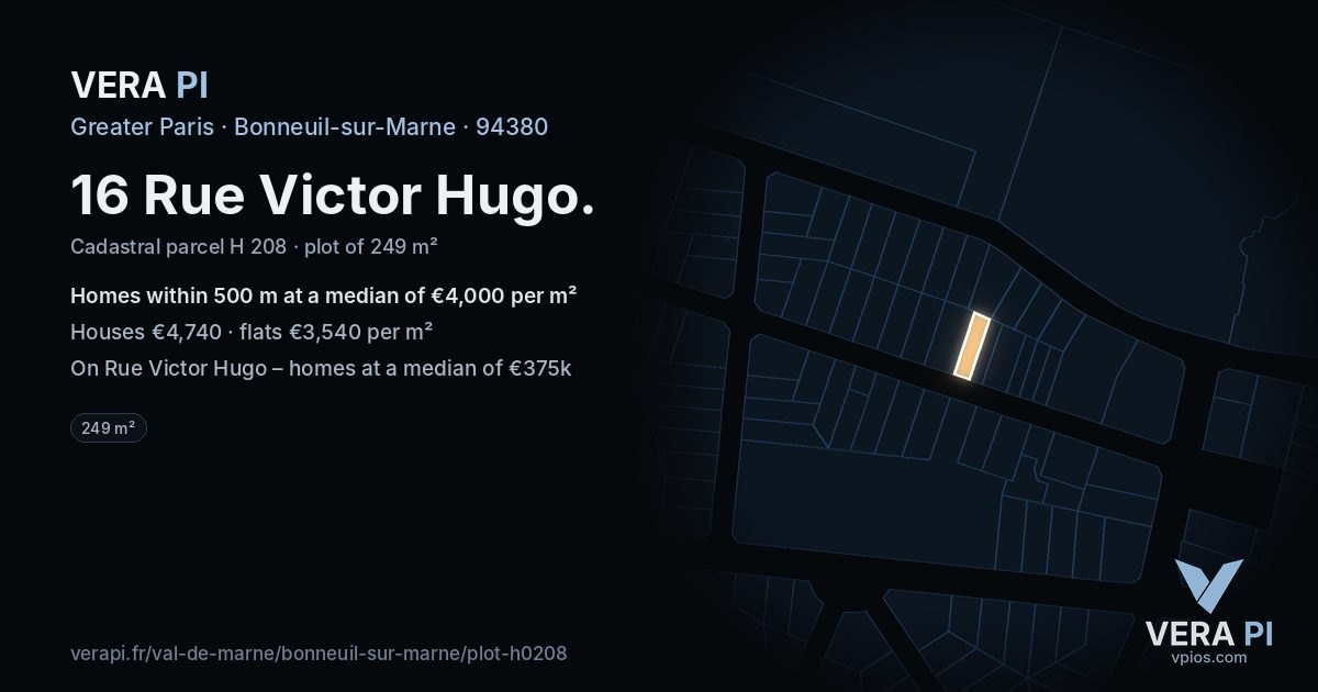 16 Rue Victor Hugo, Bonneuil-sur-Marne at night – the plot lit, the parcels around coloured by the prices near them