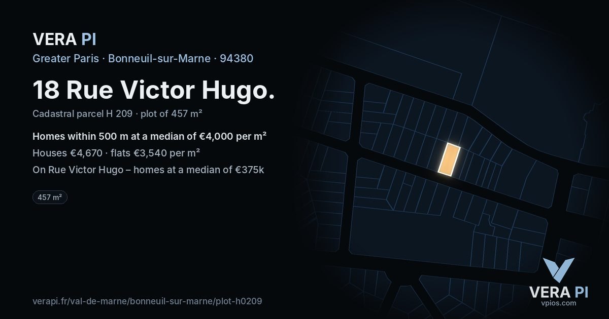 18 Rue Victor Hugo, Bonneuil-sur-Marne at night – the plot lit, the parcels around coloured by the prices near them