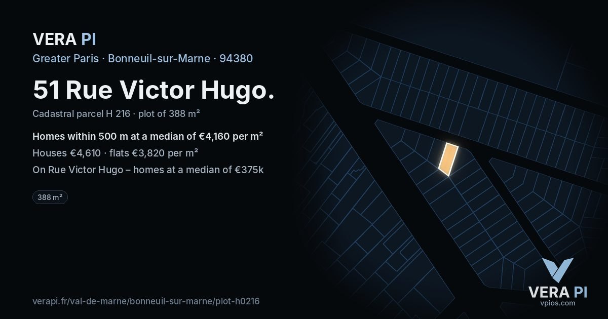 51 Rue Victor Hugo, Bonneuil-sur-Marne at night – the plot lit, the parcels around coloured by the prices near them