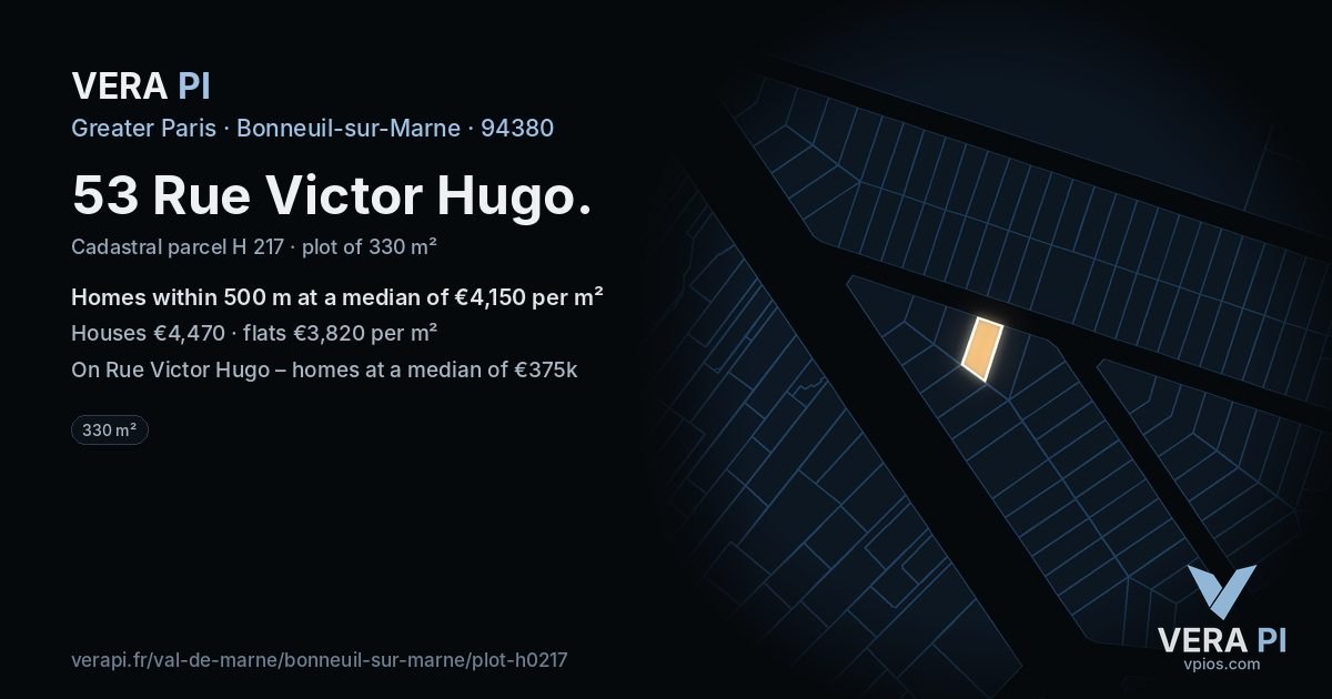 53 Rue Victor Hugo, Bonneuil-sur-Marne at night – the plot lit, the parcels around coloured by the prices near them