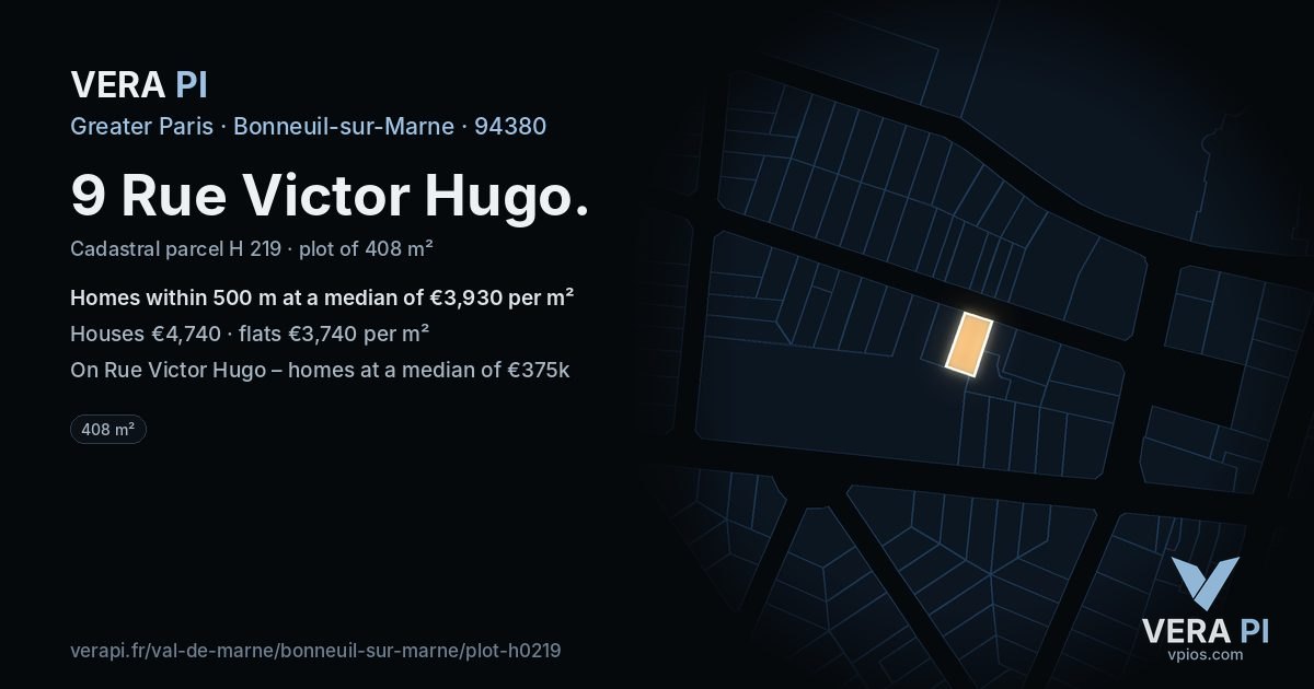 9 Rue Victor Hugo, Bonneuil-sur-Marne at night – the plot lit, the parcels around coloured by the prices near them