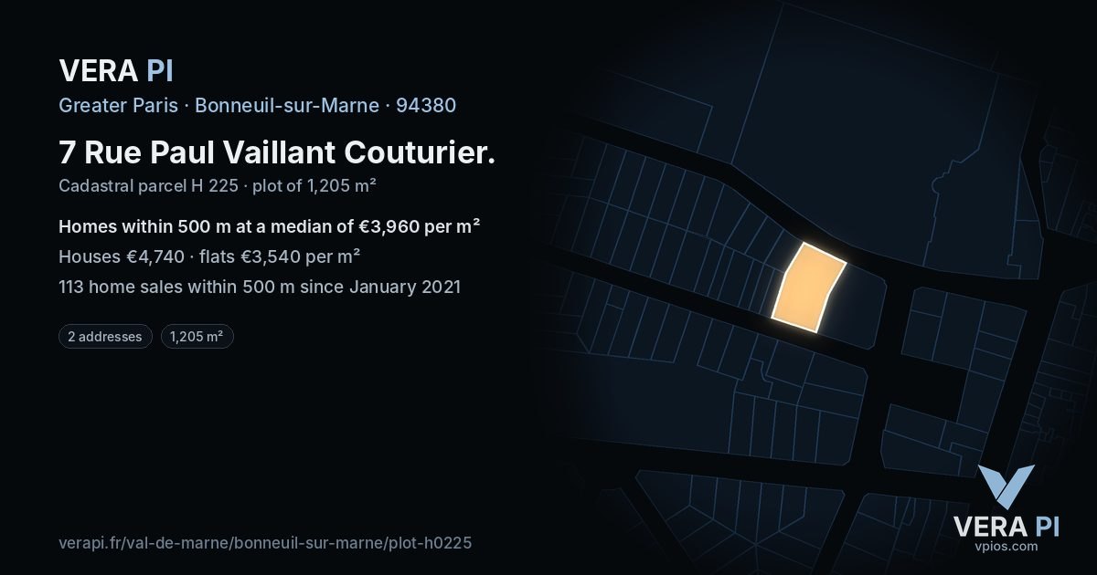7 Rue Paul Vaillant Couturier, Bonneuil-sur-Marne at night – the plot lit, the parcels around coloured by the prices near them