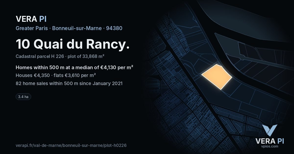 10 Quai du Rancy, Bonneuil-sur-Marne at night – the plot lit, the parcels around coloured by the prices near them