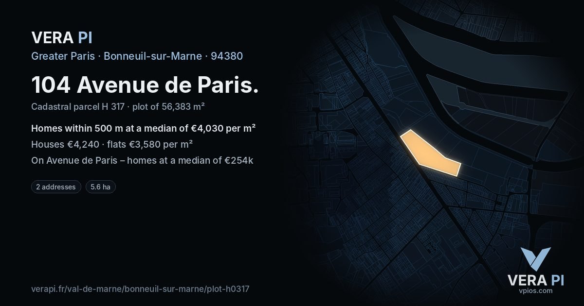 104 Avenue de Paris, Bonneuil-sur-Marne at night – the plot lit, the parcels around coloured by the prices near them