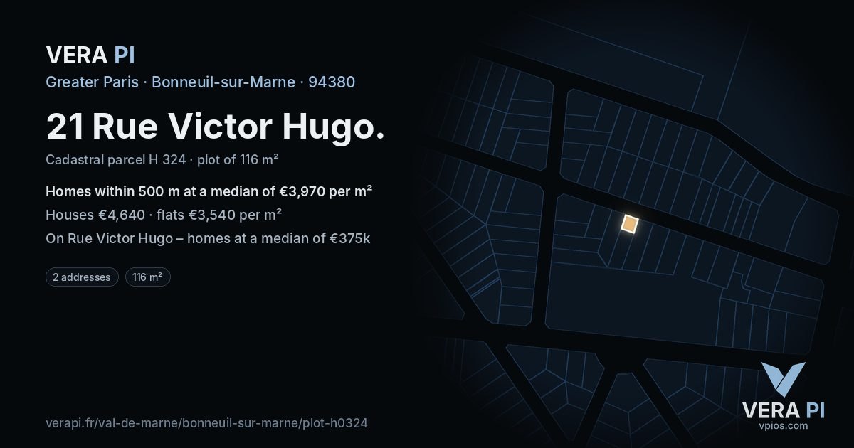 21 Rue Victor Hugo, Bonneuil-sur-Marne at night – the plot lit, the parcels around coloured by the prices near them