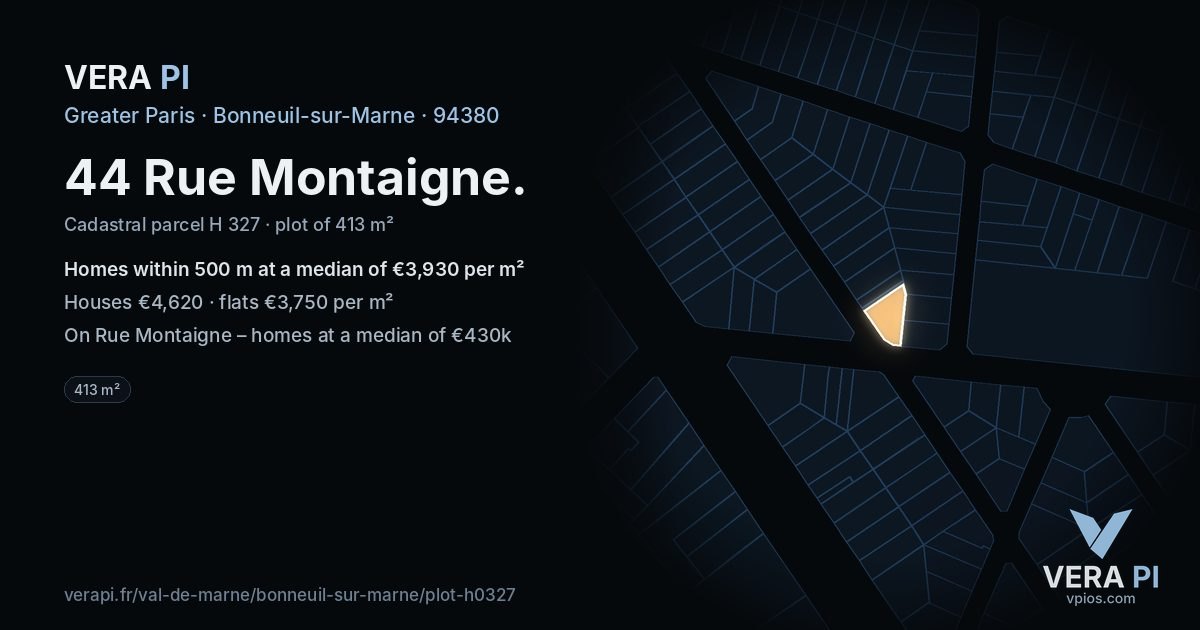 44 Rue Montaigne, Bonneuil-sur-Marne at night – the plot lit, the parcels around coloured by the prices near them