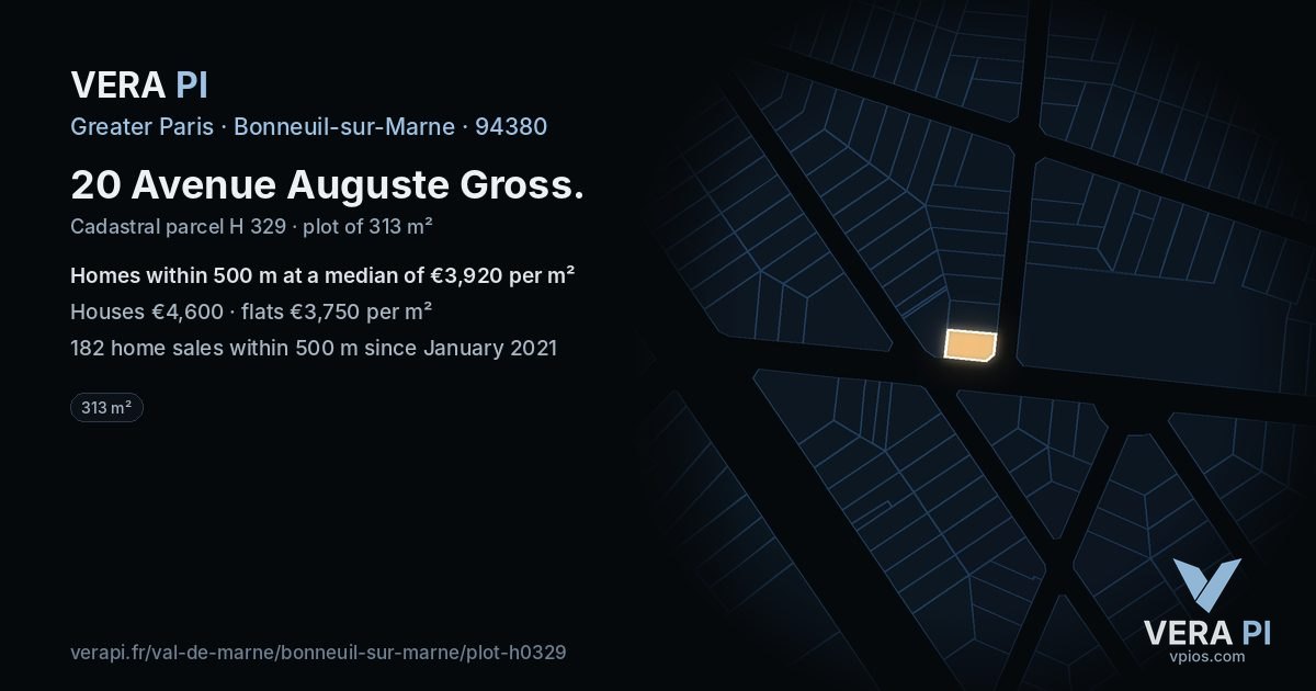 20 Avenue Auguste Gross, Bonneuil-sur-Marne at night – the plot lit, the parcels around coloured by the prices near them