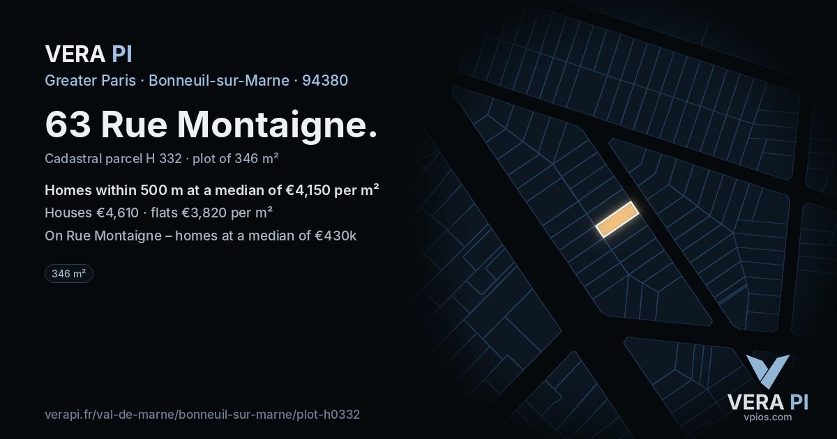 63 Rue Montaigne, Bonneuil-sur-Marne at night – the plot lit, the parcels around coloured by the prices near them