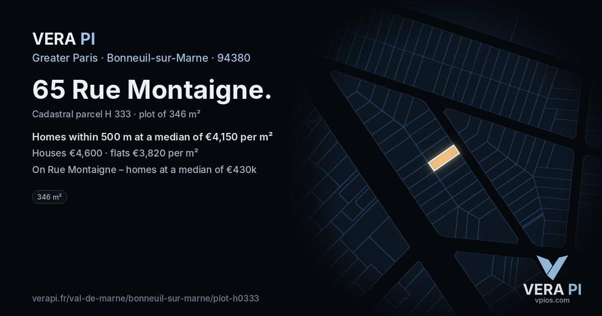 65 Rue Montaigne, Bonneuil-sur-Marne at night – the plot lit, the parcels around coloured by the prices near them