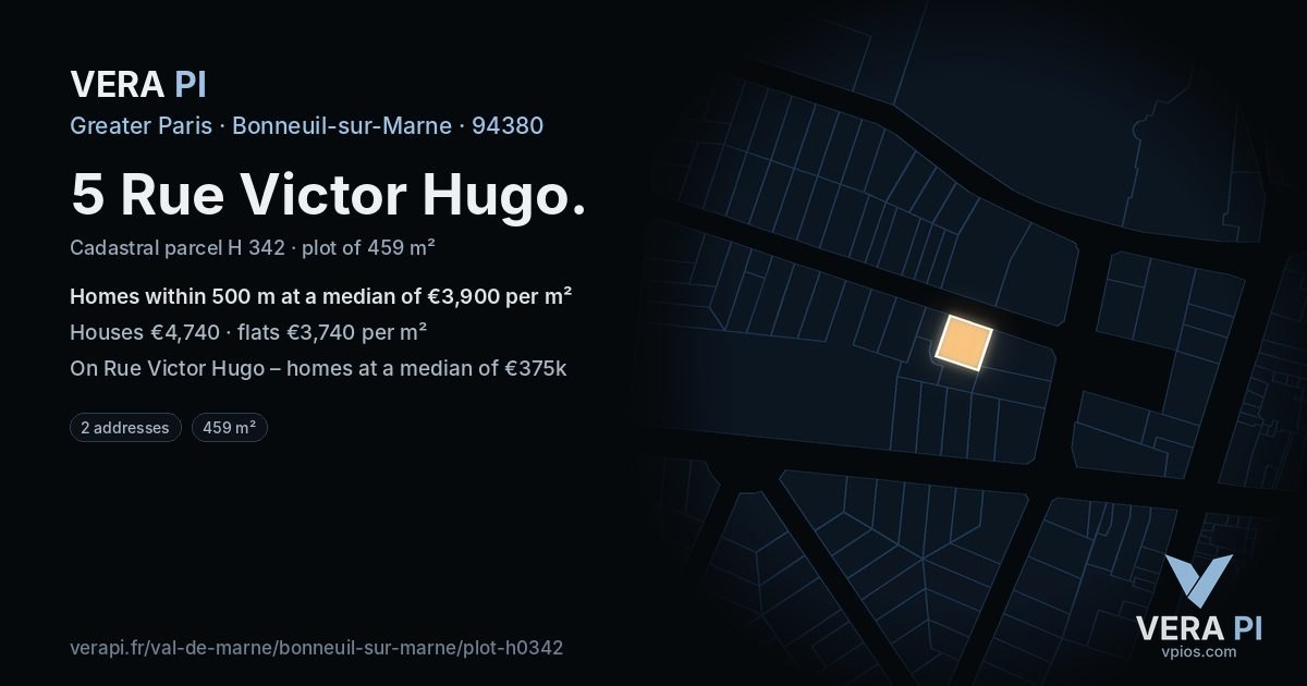 5 Rue Victor Hugo, Bonneuil-sur-Marne at night – the plot lit, the parcels around coloured by the prices near them