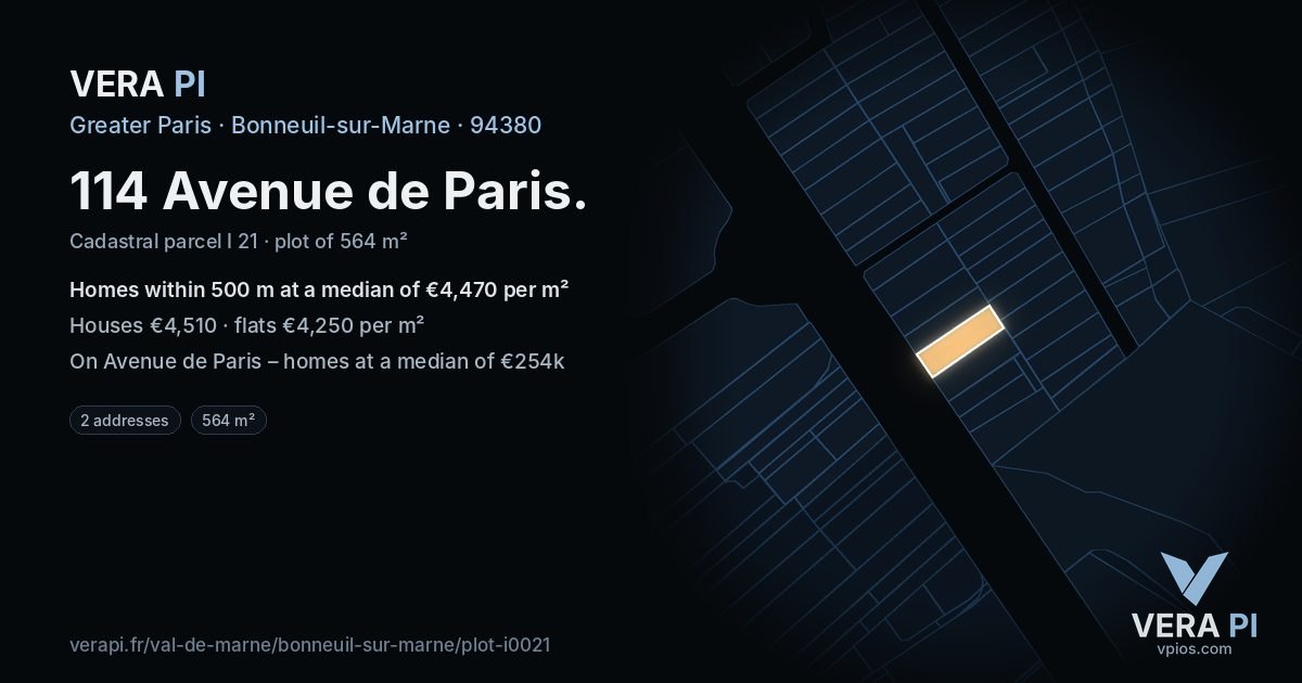114 Avenue de Paris, Bonneuil-sur-Marne at night – the plot lit, the parcels around coloured by the prices near them