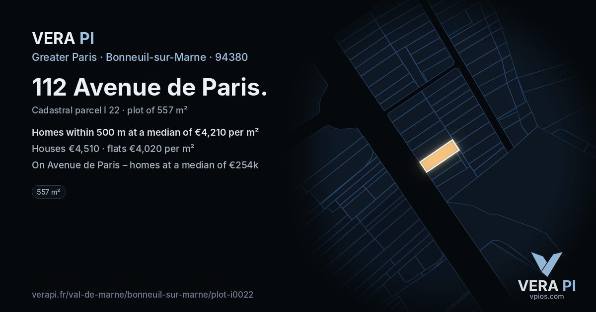 112 Avenue de Paris, Bonneuil-sur-Marne at night – the plot lit, the parcels around coloured by the prices near them
