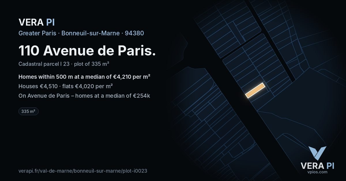 110 Avenue de Paris, Bonneuil-sur-Marne at night – the plot lit, the parcels around coloured by the prices near them
