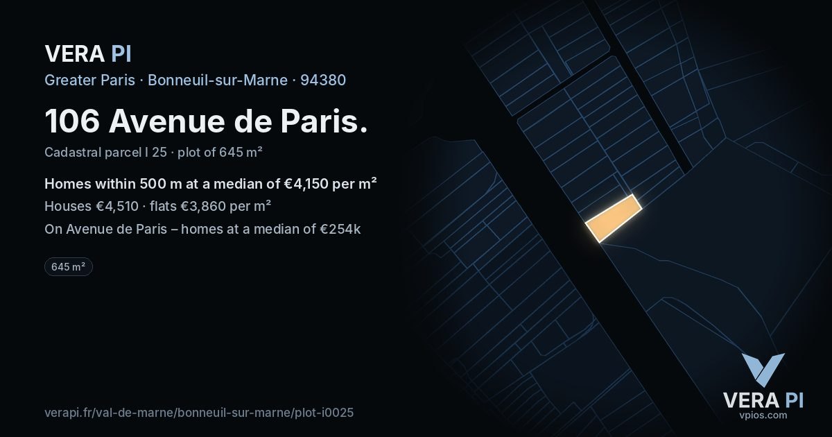 106 Avenue de Paris, Bonneuil-sur-Marne at night – the plot lit, the parcels around coloured by the prices near them