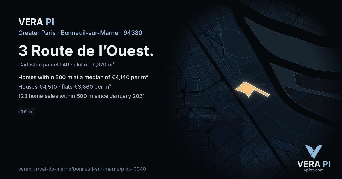 3 Route de l’Ouest, Bonneuil-sur-Marne at night – the plot lit, the parcels around coloured by the prices near them