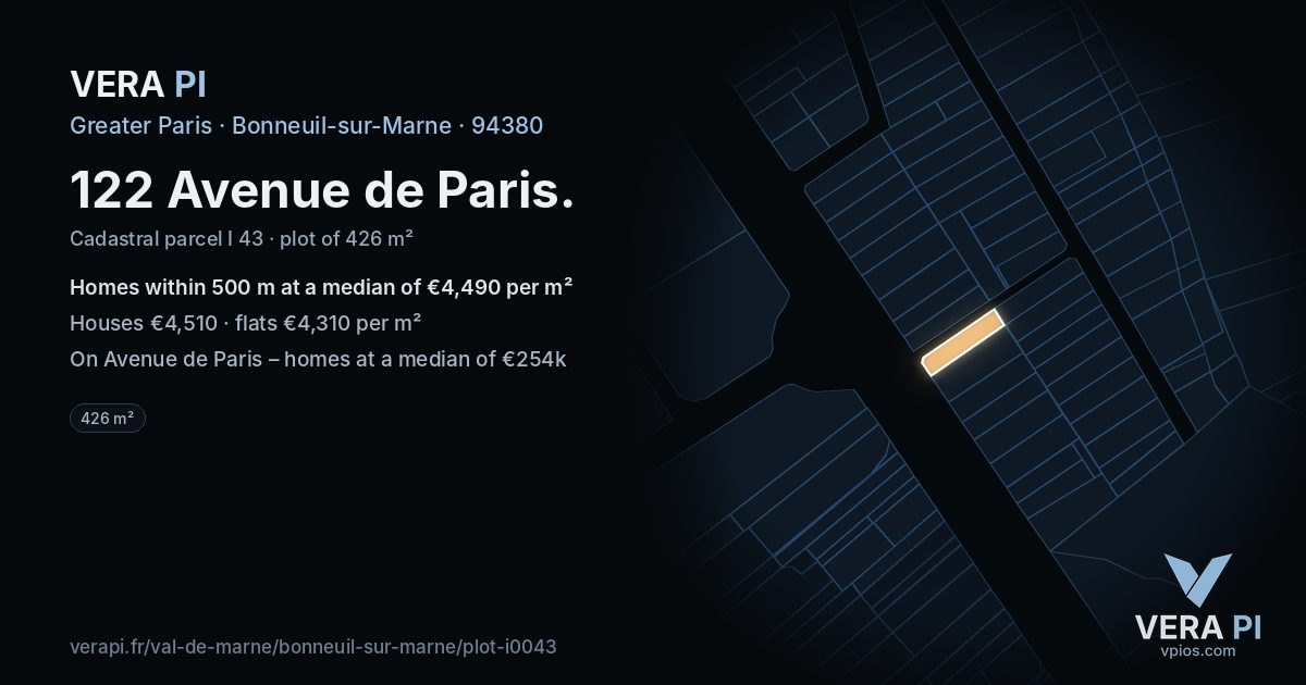 122 Avenue de Paris, Bonneuil-sur-Marne at night – the plot lit, the parcels around coloured by the prices near them