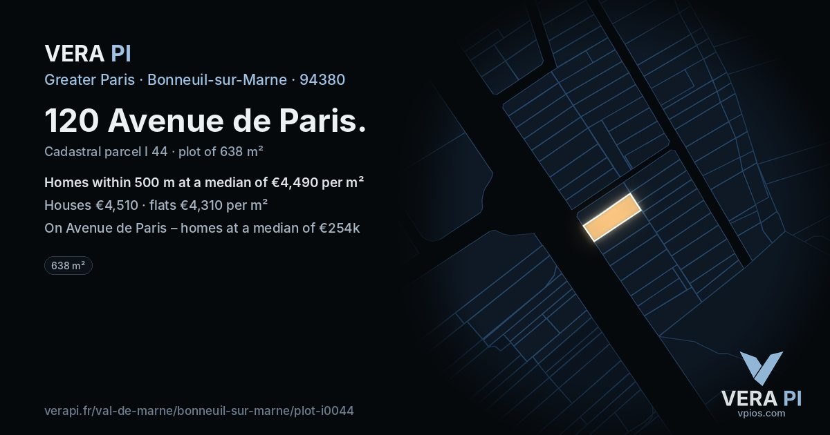 120 Avenue de Paris, Bonneuil-sur-Marne at night – the plot lit, the parcels around coloured by the prices near them