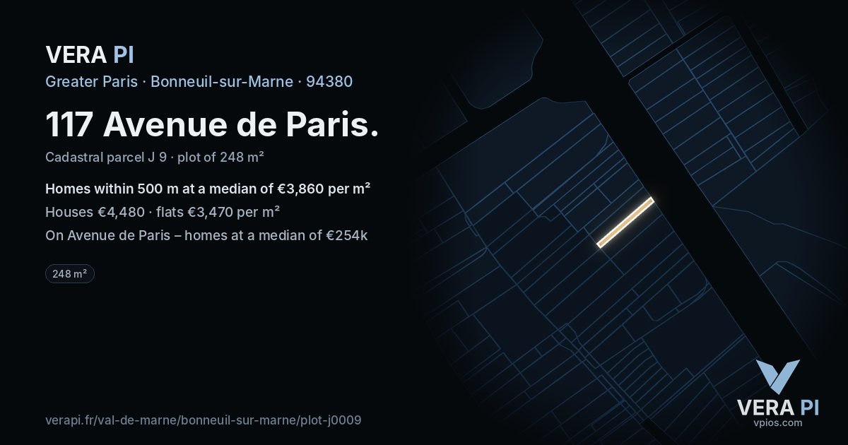 117 Avenue de Paris, Bonneuil-sur-Marne at night – the plot lit, the parcels around coloured by the prices near them