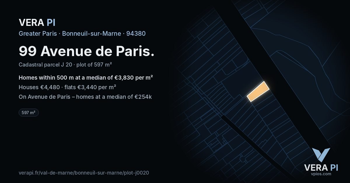 99 Avenue de Paris, Bonneuil-sur-Marne at night – the plot lit, the parcels around coloured by the prices near them